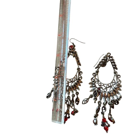 Antique-Style Silver & Red Dangle Earrings With Intricate Design - Picture 3 of 4